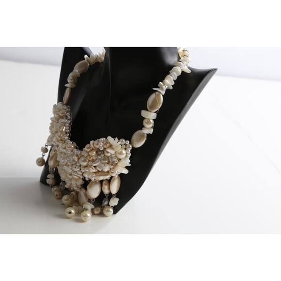 Vintage Ivory Pearl Shell Bohemian Chunky Statement Necklace Layered Beaded - Picture 9 of 15